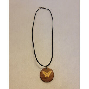 Ethnic Boho Necklace Wooden Round Butterfly Pendant Statement Fashion Jewelry